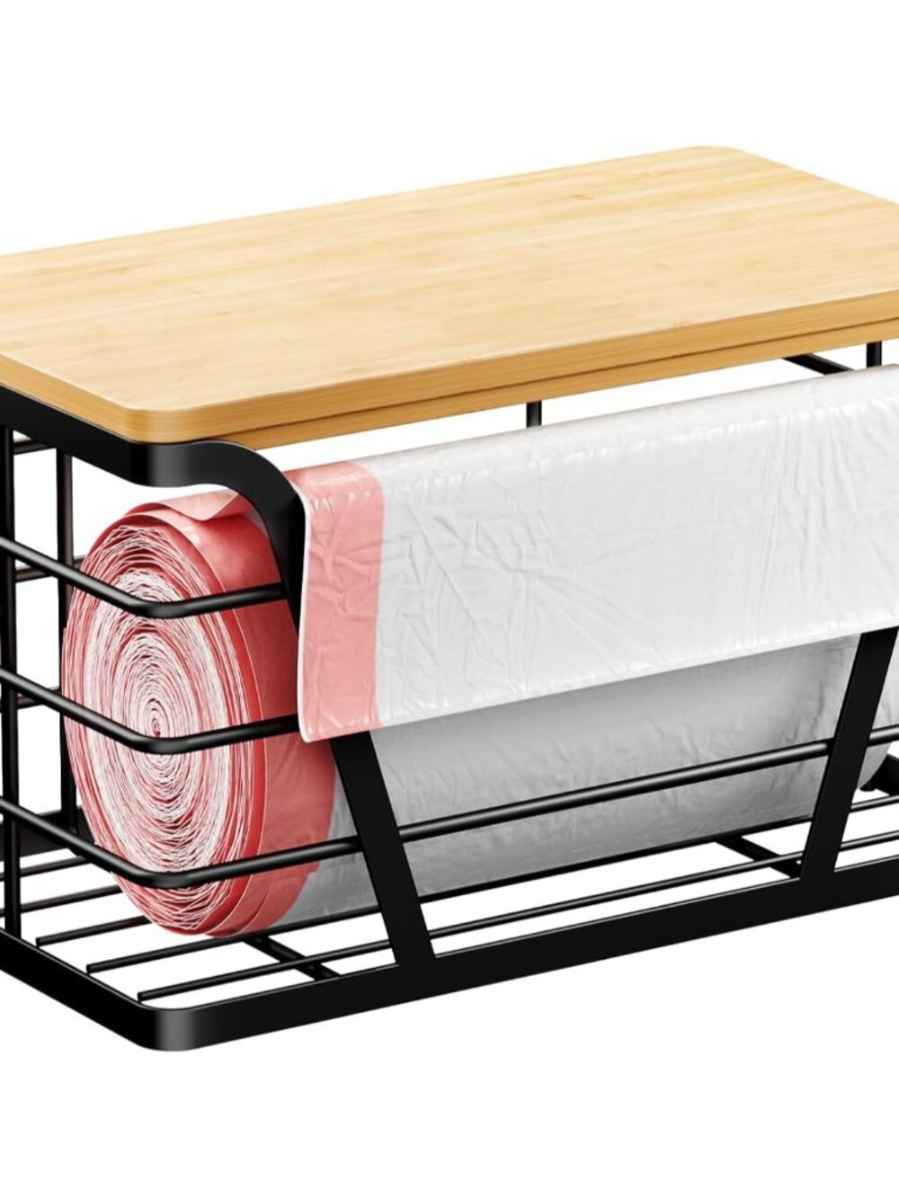 Small Grocery Bag Holder, Trash bag holder with Removable Bamboo Top, Wall Mount
